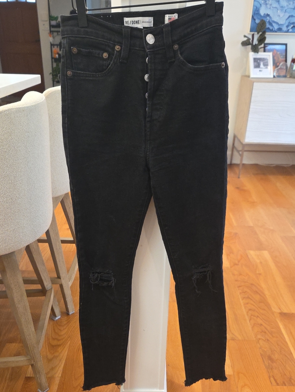 Re/Done Women's Black "Destroy" High-Rise Denim Distressed Ankle Crop Jeans (24)